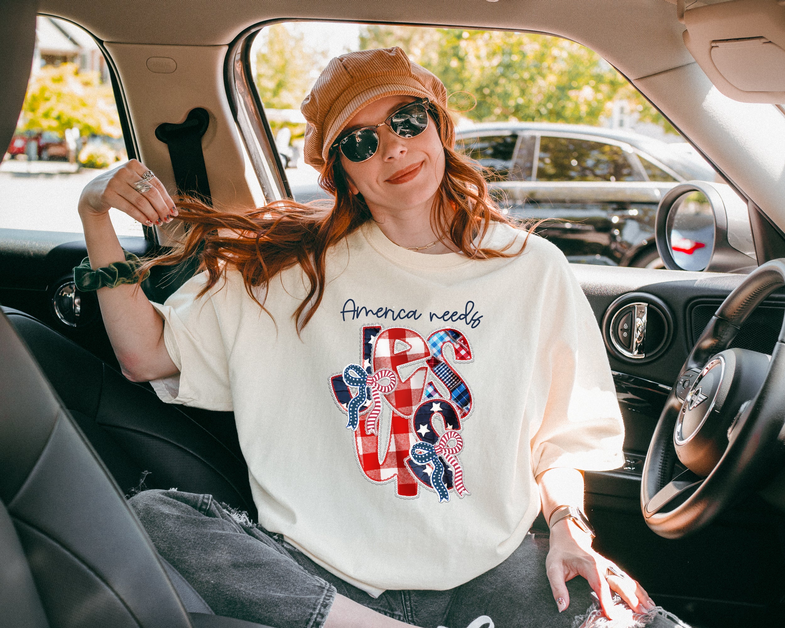 FAUX PATCHWORK AMERICA NEEDS JESUS UNISEX TEE - Image 3