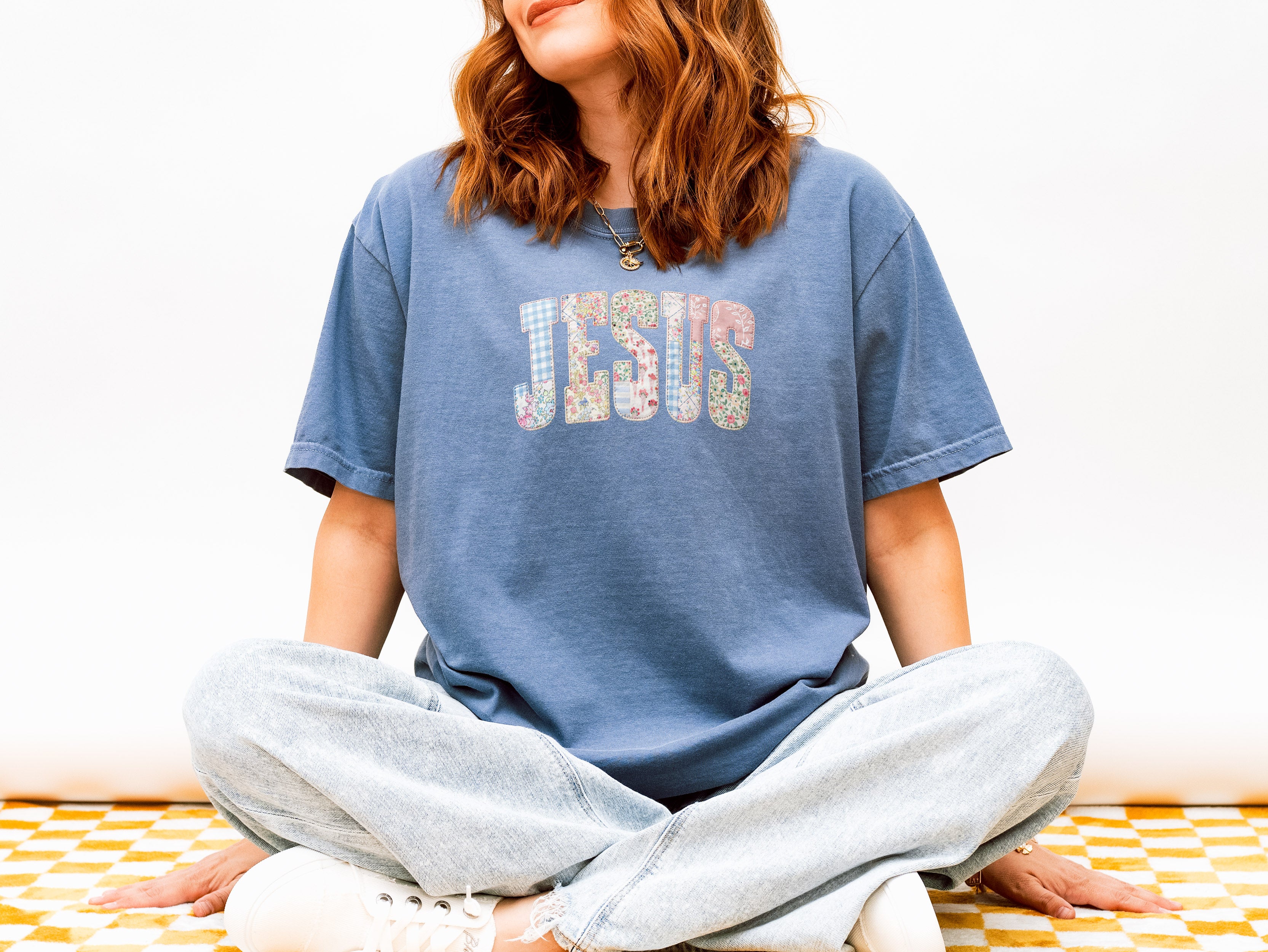 FAUX PATCHWORK JESUS UNISEX TEE  - BLUE JEAN IN SIZE XL